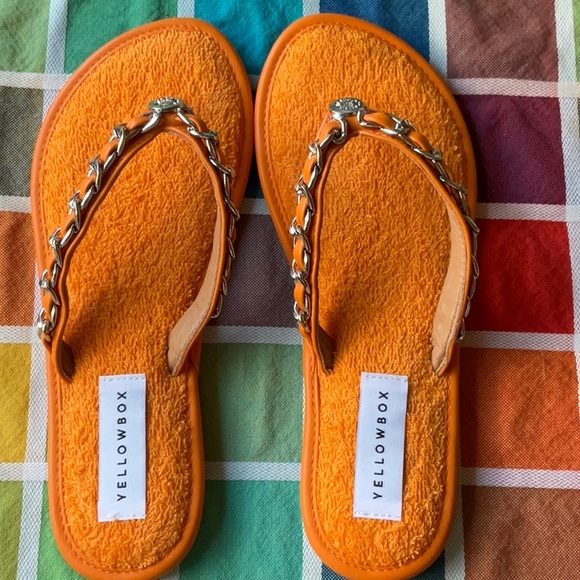 🌞 YELLOW BOX ORANGE TERRYCLOTH EMBELLISHED SANDALS 🌞 NWOT 🌞NWOB 🌞 - Picture 9 of 16